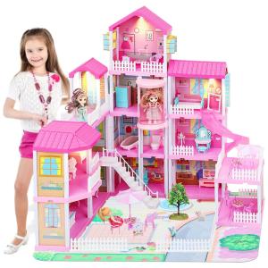 Casa de Bonecas com Elevador, Luzes, 4 Andares e 14 quartos para Crianças de 3 a 12 Anos, Kirumie, Rosa