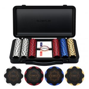 Maleta de Poker com Detalhes em Branco e 300 Fichas sem Numeração para Texas Holdem 14g, SLOWPLAY, Preta