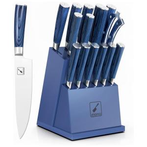 Conjunto de Facas com Bloco de Bancada e Cabo Ergonômico, 16 Peças, IMARKU, Azul
