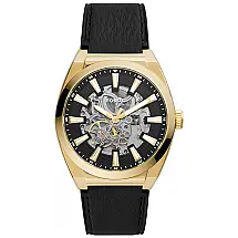 Relógio Masculino Automático Mostrador Mecânico com Pulseira de Couro, Fossil ME3208, Dourado e Preto