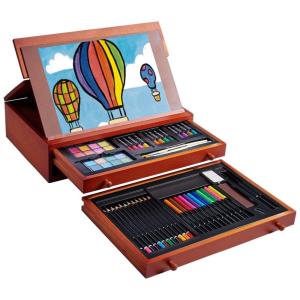 Art Supplies KIt de Pintura Profissional com Maleta de Madeira, 99 Peças, POPYOLA, Marrom Escuro