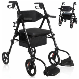 Andador Rollator 2 em 1 Leve com Assento e Encosto Extra Largo, Dobrável, Rodas Frontais de 25,4 cm e Traseiras de 20