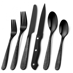 Conjunto de Talheres Pretos Martelados para 8 pessoas, 48 peças de Cutelaria de Alta Resistência, incluindo Facas de Carne,Aswwid