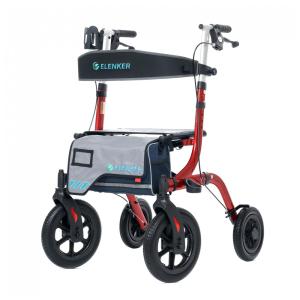 Andador All-Terrain Rollator com Assento, Rodas Dianteiras de 30 cm Não Pneumáticas, Design Dobrável e Compacto, ELENKER, Vermelho