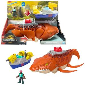 Playset dinossauro Fisher-Price Imaginext Jurassic World Rebirth Aquachomp Chase Mosasaurus 46 cm com som, movimento, barco e figura de ação