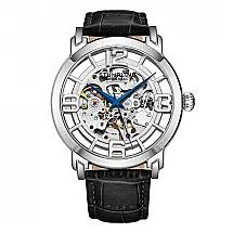 Relógio Automático Stuhrling Winchester 42mm, Mostrador Prateado, Pulseira Couro Preto e Fivela Prata