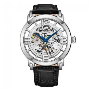 Relógio Automático Stuhrling Winchester 42mm, Mostrador Prateado, Pulseira Couro Preto e Fivela Prata