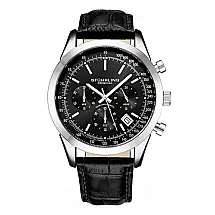 Relógio Masculino Stuhrling Rialto 44mm Cronógrafo Mostrador Preto Pulseira Couro Preto Fivela Prateada