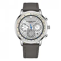 Relógio Stuhrling Cronógrafo 44mm Prateado com Pulseira de Couro Cinza e Fivela Prata