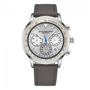 Relógio Stuhrling Cronógrafo 44mm Prateado com Pulseira de Couro Cinza e Fivela Prata