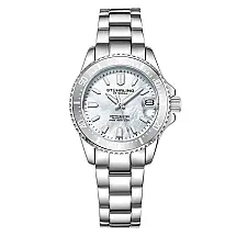 Relgio masculino Depthmaster 3950AL 32mm, mostrador prateado, pulseira em ao inoxidvel e fivela, da marca Stuhrling.
