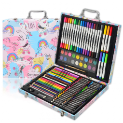 Kit Lápis de Cor Profissional com Maleta de Madeira 132 peças Tintas Acrílicas, Aquarela, Colorido, DARNASSUS 132PAPERARTSSET, Branco