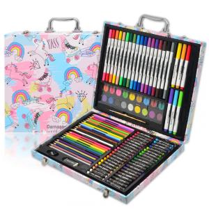 Kit Lápis de Cor Profissional com Maleta de Madeira 132 peças Tintas Acrílicas, Aquarela, Colorido, DARNASSUS 132PAPERARTSSET, Branco