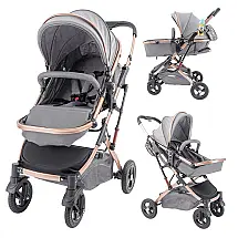 Carrinho de Bebê para Passeio Conversível 2 em 1 com Bandeja de Lanches, Cesta e Reclinável Ajustável, BABY K, Cinza