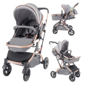 Carrinho de Bebê para Passeio Conversível 2 em 1 com Bandeja de Lanches, Cesta e Reclinável Ajustável, BABY K, Cinza