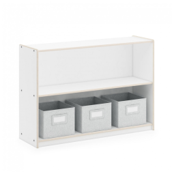 Estante baixa Guidecraft EdQ Two Shelf Open Storage 30" Branca com 2 prateleiras abertas e 3 caixas de tecido 107cm