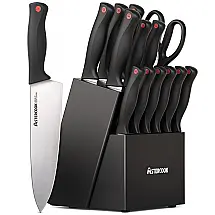 Conjunto de Facas em Aço Inoxidável com Afiador Embutido e Bloco de Bancada 14 Peças, ASTERCOOK K15016P, Preto