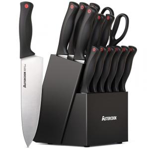 Conjunto de Facas em Aço Inoxidável com Afiador Embutido e Bloco de Bancada 14 Peças, ASTERCOOK K15016P, Preto