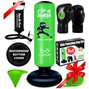 Marwan Sports Saco de Pancadas Inflável 5 em 1 para Crianças 160 cm com Luvas de Boxe, Base Estável e Retorno Rápido