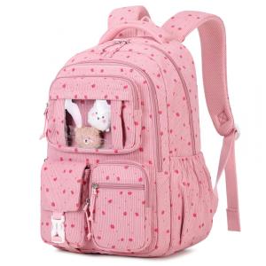 Mochila escolar PIG PIG GIRL em veludo cotelê rosa com morangos, estilo ita bag, 21,8 L