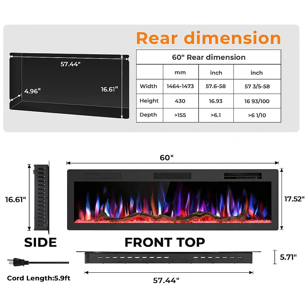 Lareira Elétrica R.W.FLAME 152x44cm 1500W WiFi Alexa LED Som Embutir 110V — foto 2