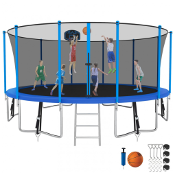 Trampolim redondo SKYUP azul com rede de proteção, cesta de basquete, escada e capacidade até 680kg