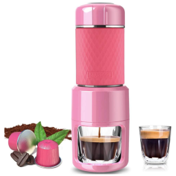 Mini Máquina de Café Expresso Manual Portátil 2 em 1 para Capsula e Café Moído, STARESSO, Rosa