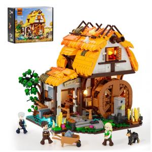 Conjunto de Blocos de Montar FUNWHOLE Moinho d'Água Medieval LED, 1278 Peças, Roda Giratória Mecânica, 7 LEDs, Modelo F9061-MT