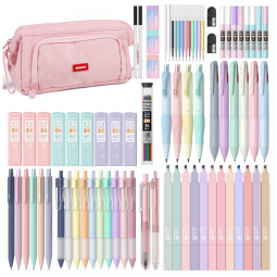 Kit escolar 78 peças Nicpro pastel com estojo rosa, marcadores, canetas em gel, lapiseiras e canetas multicoloridas