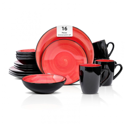 Aparelho de Jantar de 16 Peças Stoneware Sonoma, Vermelho com Pintura à Mão e Efeito Salpicado Preto,HomeVss
