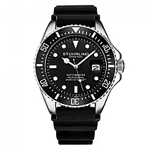 Relógio Stuhrling Depthmaster 42 mm, Mostrador Preto, Pulseira Borracha Preta e Fivela Prata