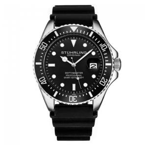 Relógio Stuhrling Depthmaster 42 mm, Mostrador Preto, Pulseira Borracha Preta e Fivela Prata