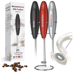 Espumador de Leite Elétrico a Bateria em Aço Inoxidável com Suporte, BONSENKITCHEN, Vermelho