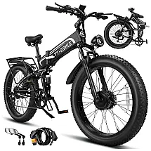 Bicicleta Elétrica Dobrável 5000W com Motores Duplos, Bateria 60V 30Ah, Suspensão Total, Pneus Fat 26", Freios a Disco Duplos e Display LCD