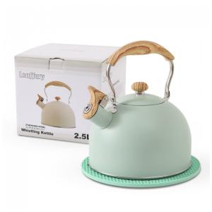 Chaleira de Chá 2.5 Litros em Aço Inoxidável com Apito e Alça de Madeira, LONFFERY, Azul Turquesa