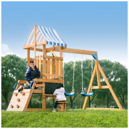 Playground Infantil de Madeira com Quadro-Negro, Escorregador, 2 Balanços e Parede de Escalada, ROBOTIME WG394, Azul