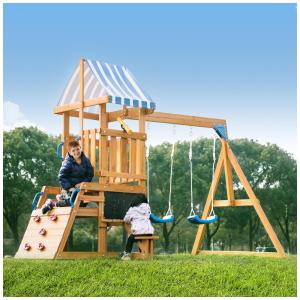 Playground Infantil de Madeira com Quadro-Negro, Escorregador, 2 Balanços e Parede de Escalada, ROBOTIME WG394, Azul