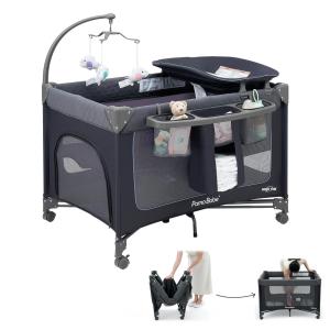 Berço Cercado Portátil com Berço Removível e Trocador, Pamo Babe, Preto e Azul