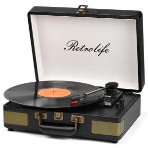 Toca-discos Retrolife 3 Velocidades Bluetooth Portátil em Maleta de Vinil com Alto-falantes Integrados Turntable Som Aprimorado Couro PU