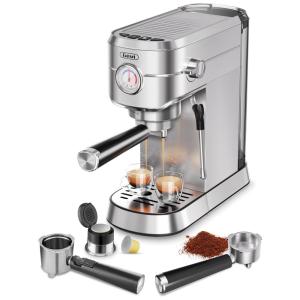 Máquina de Café Expresso Profissional 20 Bar com Bocal de Leite e Bandeja Coletora Removível, 110V 1350W, Gevi, Prata