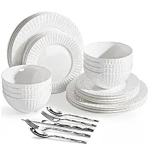 Aparelho de Jantar Kingstone Branco Bone China 64 Peças Serviço para 8 com Talheres Relevo Losango