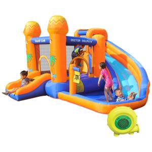 Escorregador Inflável Aquático Doctor Dolphin 4 em 1, Casa de Brincar com Piscina Splash, Tecido Oxford Resistente, 450W, Laranja e Azul