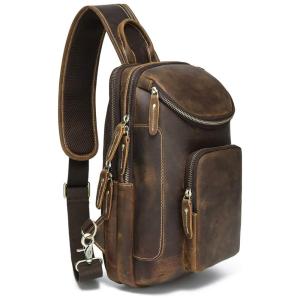 Mochila Croosbody de Couro Italiano Masculina, LANNSYNE LX138, Marrom