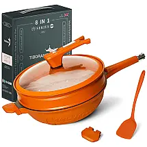 TIBORANG Panela Frigideira 6L Antiaderente 8 em 1 com Revestimento de Alumínio e Titânio Fundido e Indicador de Calor, Laranja