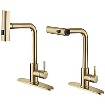 Torneira Cozinha com Chuveiro Suspenso em Cascata, Alça Única e Giratória 360 Graus em Aço Inoxidável, KEER, Dourada