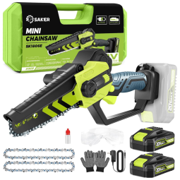 Mini Motosserra Elétrica sem Fio para Poda de Galhos, Movida a Bateria 20V, Saker, Verde