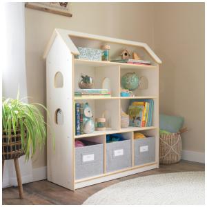 Estante casinha infantil Guidecraft EdQ Dollhouse Bookcase Branca com prateleiras e 3 caixas de tecido 94cm