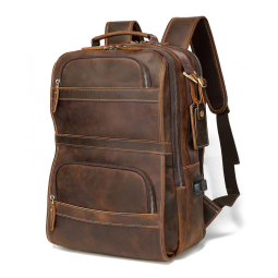 Mochila Unissex de Couro para Laptop, LANNSYNE LB140, Marrom