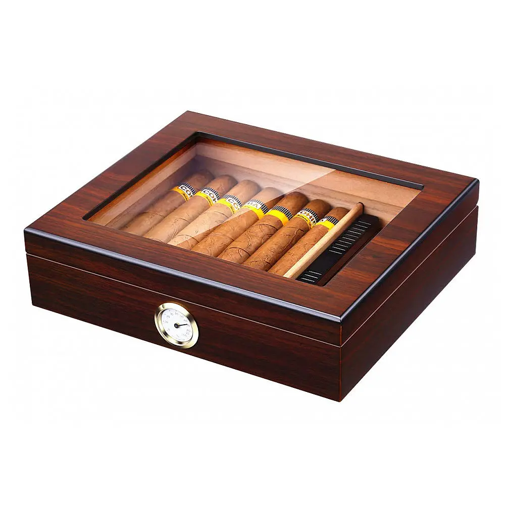 Umidor de Charutos Artesanal Bald Eagle, Caixa de Cedro para Charutos com Humidificador e Higrômetro, Tampa de Vidro para 25 Charutos