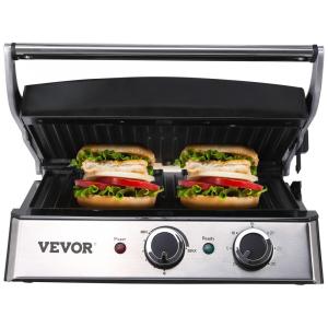 Grill Elétrico com Revestimento Antiaderente, Controle de Temperatura Ajustável e Temporizador, 110V 1500W, VEVOR, Prata